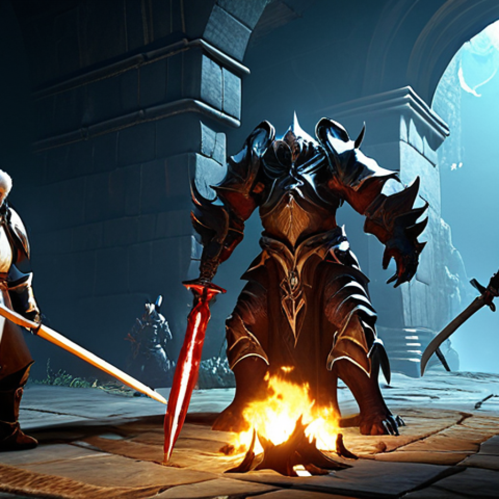 **
A group of ArcheAge players battling monsters in a dark, abyss-like dungeon (Abyssal Depths). The party consists of a heavily armored Paladin tanking, a Cleric casting healing spells, and a Sorcerer unleashing powerful magic. Focus on dynamic action, teamwork, and the contrast between light and shadow in the environment. The style should be reminiscent of a high-fantasy MMORPG.
**