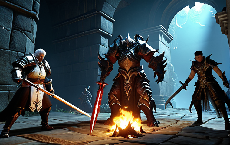 **

A group of ArcheAge players battling monsters in a dark, abyss-like dungeon (Abyssal Depths). The party consists of a heavily armored Paladin tanking, a Cleric casting healing spells, and a Sorcerer unleashing powerful magic. Focus on dynamic action, teamwork, and the contrast between light and shadow in the environment. The style should be reminiscent of a high-fantasy MMORPG.

**