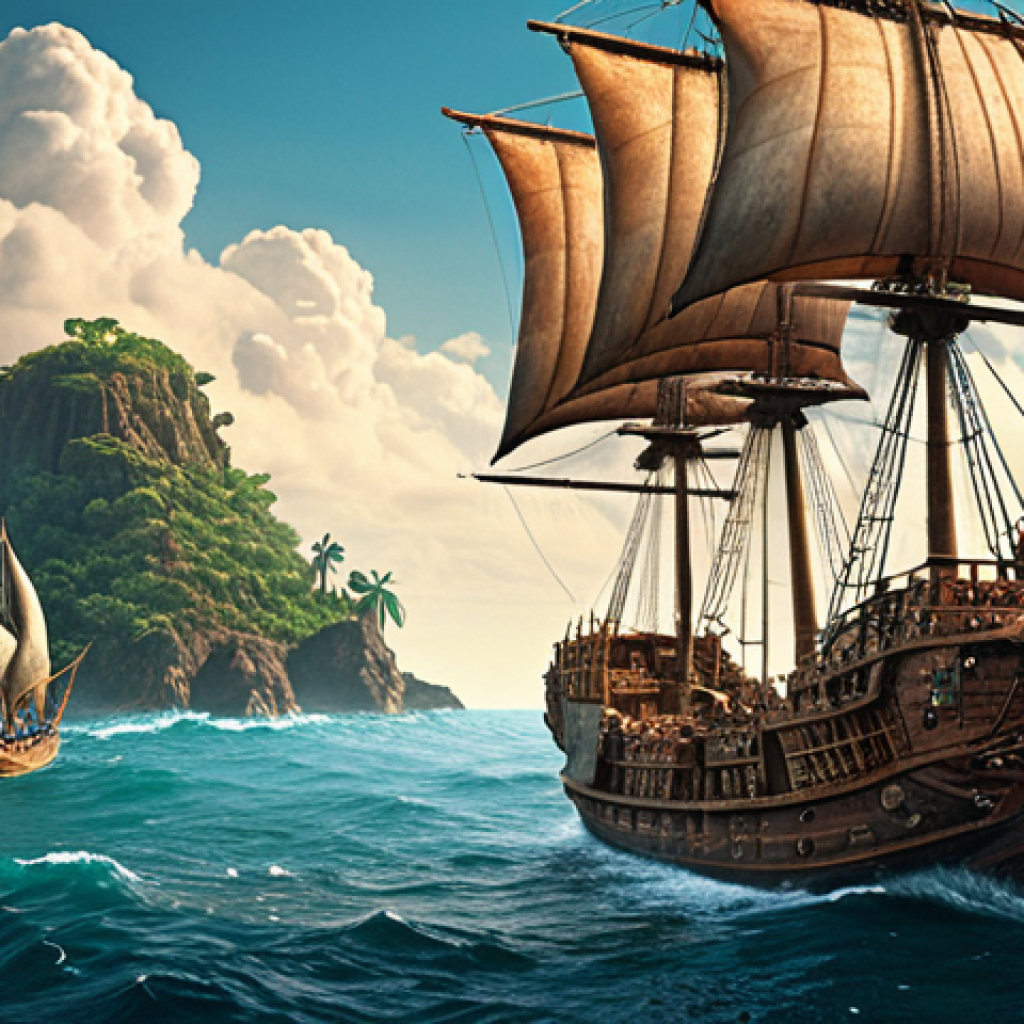 A lone merchant ship navigating uncharted waters, filled with exotic goods. Emphasize a sense of adventure, discovery, and risk. Include fantastical elements like unique sea creatures or floating islands in the distance.