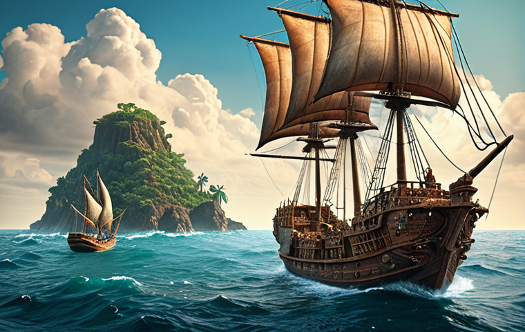 A lone merchant ship navigating uncharted waters, filled with exotic goods. Emphasize a sense of adventure, discovery, and risk. Include fantastical elements like unique sea creatures or floating islands in the distance.