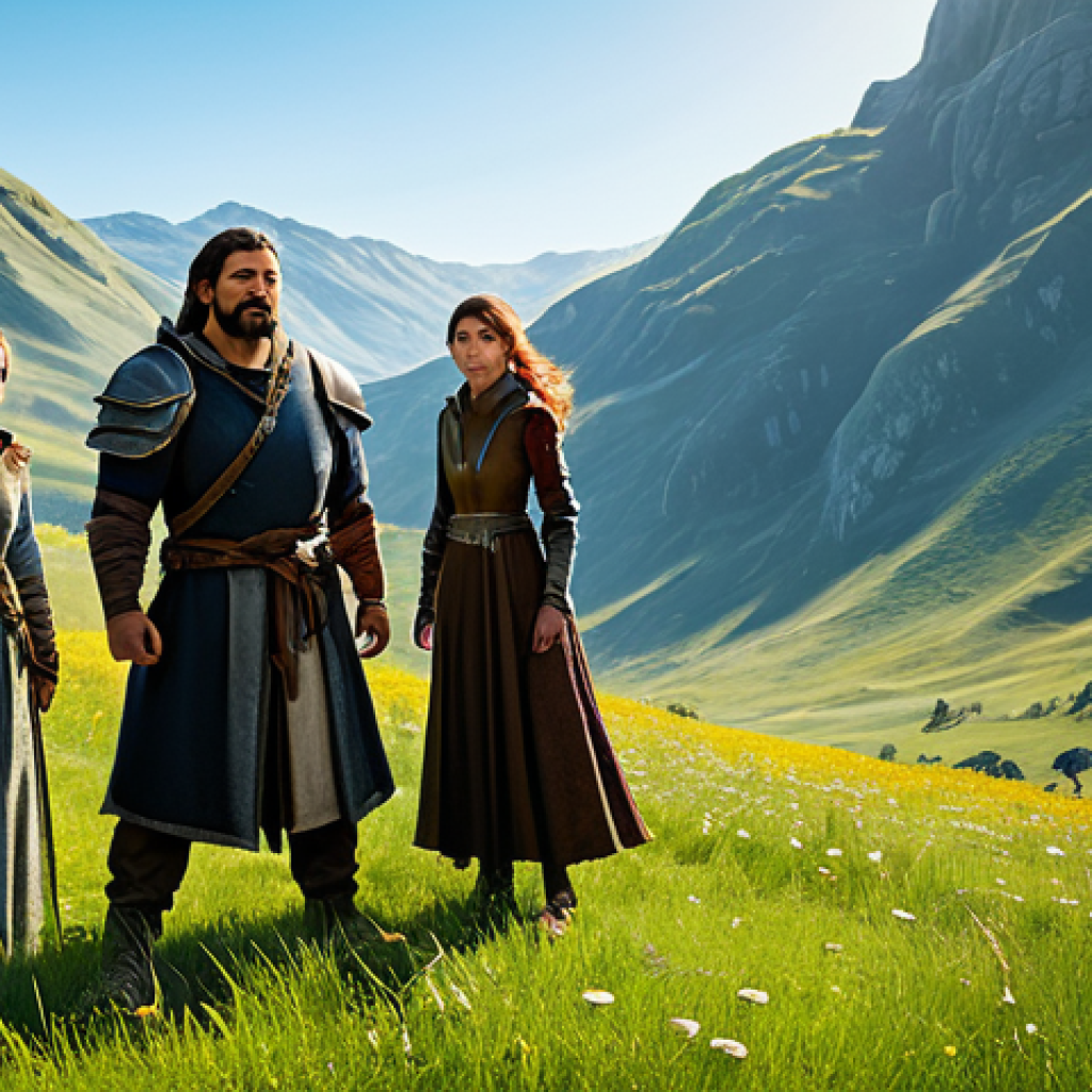 A diverse group of professional fantasy adventurers, including a female archer and a male spellcaster, standing together in a scenic, sunlit meadow. They are fully clothed in modest, practical adventure attire, suitable for a fantasy world. In the background, rolling hills and a distant, majestic, fantasy castle under a clear blue sky suggest a vast world to explore. The characters have perfect anatomy and natural poses, showcasing well-formed hands and correct proportions. The image conveys a sense of unity and readiness for a grand journey. Professional photography, high detail, studio lighting, safe for work, appropriate content, family-friendly.