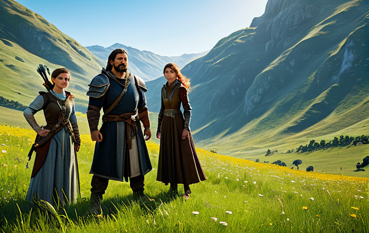 A diverse group of professional fantasy adventurers, including a female archer and a male spellcaster, standing together in a scenic, sunlit meadow. They are fully clothed in modest, practical adventure attire, suitable for a fantasy world. In the background, rolling hills and a distant, majestic, fantasy castle under a clear blue sky suggest a vast world to explore. The characters have perfect anatomy and natural poses, showcasing well-formed hands and correct proportions. The image conveys a sense of unity and readiness for a grand journey. Professional photography, high detail, studio lighting, safe for work, appropriate content, family-friendly.
