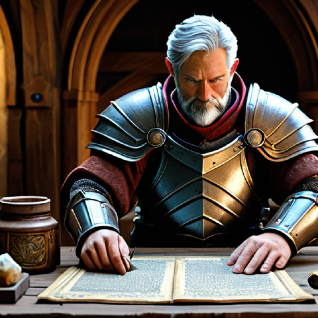 A determined fantasy adventurer, fully clothed in sturdy, modest armor, holds a glowing 'Mark of Honor' in their well-formed hand, examining it closely. On a worn wooden workbench before them, various fantasy-themed enhancement materials, shimmering potions, and rare fragments are neatly laid out. The background shows a cozy, organized guild hall workshop, filled with scrolls and crafting tools. Perfect anatomy, correct proportions, natural pose, professional photography, high detail, sharp focus, natural body proportions, proper finger count. This image is safe for work, appropriate content, fully clothed, and family-friendly.
