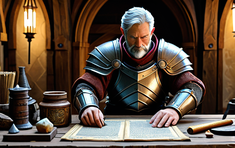A determined fantasy adventurer, fully clothed in sturdy, modest armor, holds a glowing 'Mark of Honor' in their well-formed hand, examining it closely. On a worn wooden workbench before them, various fantasy-themed enhancement materials, shimmering potions, and rare fragments are neatly laid out. The background shows a cozy, organized guild hall workshop, filled with scrolls and crafting tools. Perfect anatomy, correct proportions, natural pose, professional photography, high detail, sharp focus, natural body proportions, proper finger count. This image is safe for work, appropriate content, fully clothed, and family-friendly.