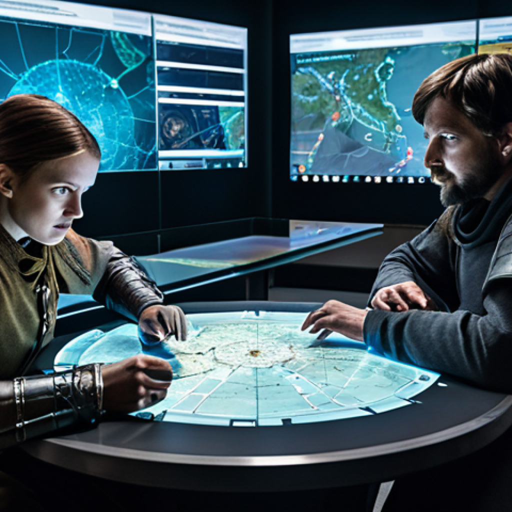 A diverse group of four professional strategists, fully clothed in modest, fantasy-inspired tactical attire, gathered around a large holographic map table. They are intensely discussing battle plans, pointing at projections, and reviewing real-time data, exhibiting focus and collaboration. The setting is a high-tech, yet subtly medieval-fantasy themed war room, with large screens displaying tactical information and a map of a sprawling fantasy world. Soft, strategic lighting. Professional photography, cinematic lighting, high detail, perfect anatomy, correct proportions, natural pose, well-formed hands, proper finger count, natural body proportions, safe for work, appropriate content, fully clothed, professional, family-friendly.