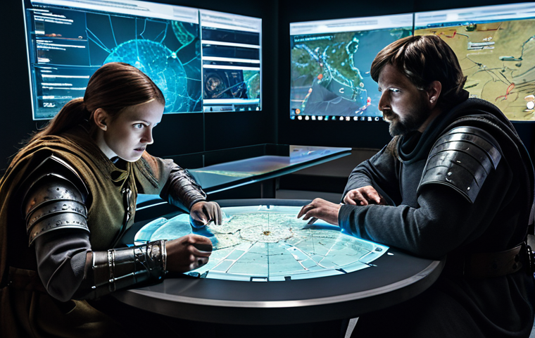 A diverse group of four professional strategists, fully clothed in modest, fantasy-inspired tactical attire, gathered around a large holographic map table. They are intensely discussing battle plans, pointing at projections, and reviewing real-time data, exhibiting focus and collaboration. The setting is a high-tech, yet subtly medieval-fantasy themed war room, with large screens displaying tactical information and a map of a sprawling fantasy world. Soft, strategic lighting. Professional photography, cinematic lighting, high detail, perfect anatomy, correct proportions, natural pose, well-formed hands, proper finger count, natural body proportions, safe for work, appropriate content, fully clothed, professional, family-friendly.