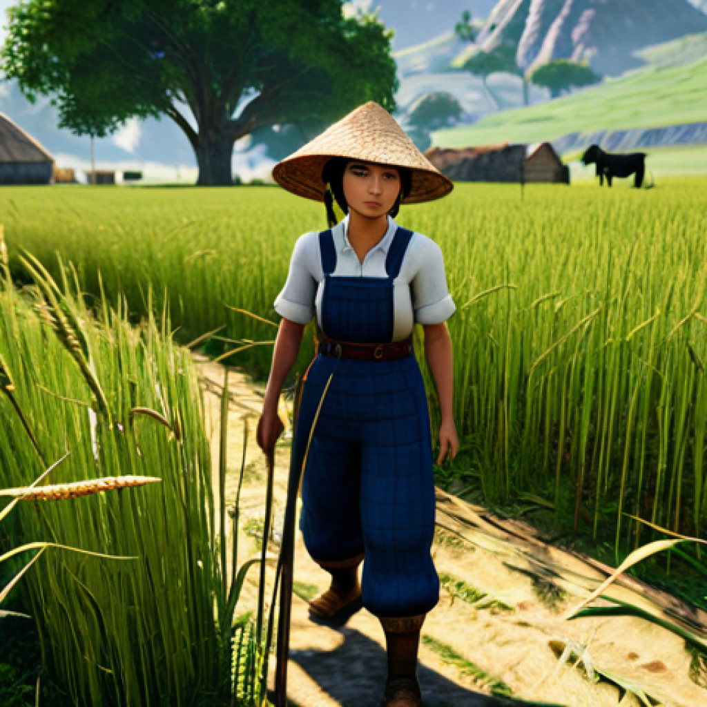 아키에이지 농업 전문 노하우 - **Prompt:** A serene yet active ArcheAge farm scene during a warm day. A thoughtful farmer, a female...