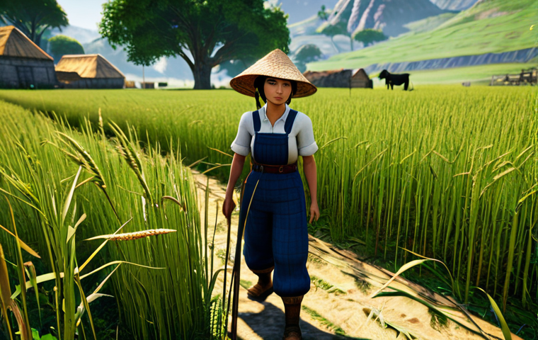 아키에이지 농업 전문 노하우 - **Prompt:** A serene yet active ArcheAge farm scene during a warm day. A thoughtful farmer, a female...