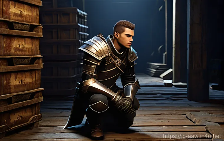 아키에이지 희귀 아이템 효율 - **Prompt:** A male ArcheAge adventurer, in his late 20s, with a thoughtful expression, kneels in a d...