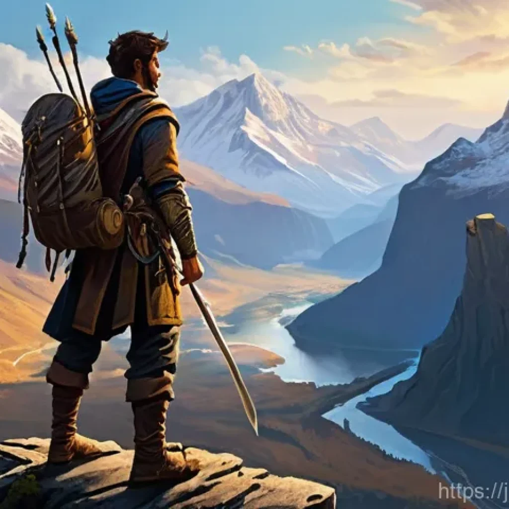 아키에이지 신규 지역 탐험 - **Prompt:** A lone adventurer stands on a high cliff overlooking a vast, unexplored fantasy landscap...