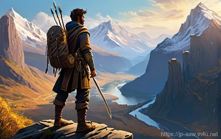 아키에이지 신규 지역 탐험 - **Prompt:** A lone adventurer stands on a high cliff overlooking a vast, unexplored fantasy landscap...