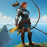 아키에이지 신규 유저 추천 콘텐츠 - **Prompt:** A female archer, protagonist of "ArcheAge: War," stands poised on a majestic cliff overl...