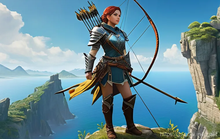아키에이지 신규 유저 추천 콘텐츠 - **Prompt:** A female archer, protagonist of "ArcheAge: War," stands poised on a majestic cliff overl...